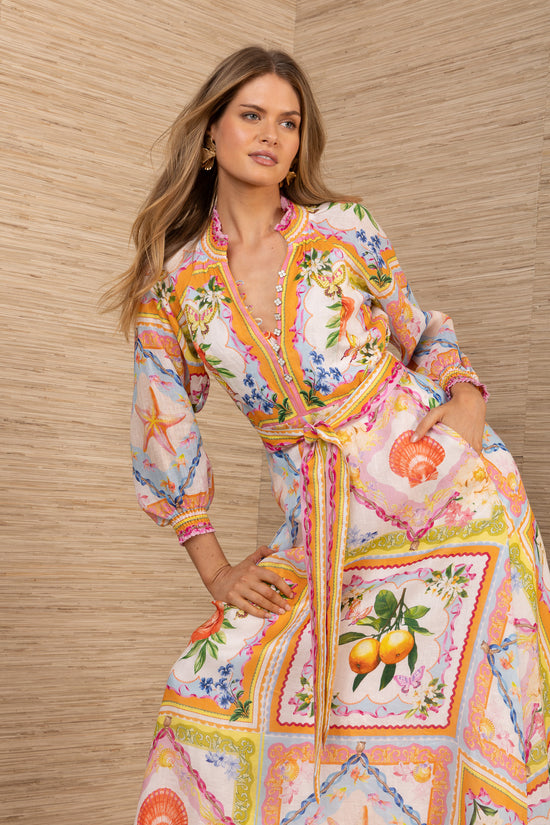 Hale Bob Orange Linen Dress with Smocked Neckline 5YXP674M