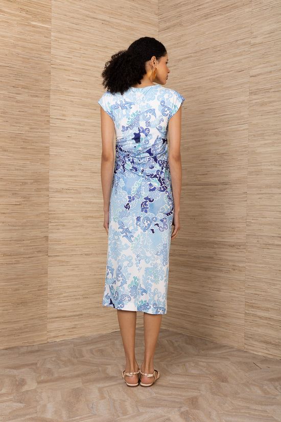 Hale Bob Blue Print Shirred Fully Lined Cap Sleeve Midi Dress 5ZLG662A