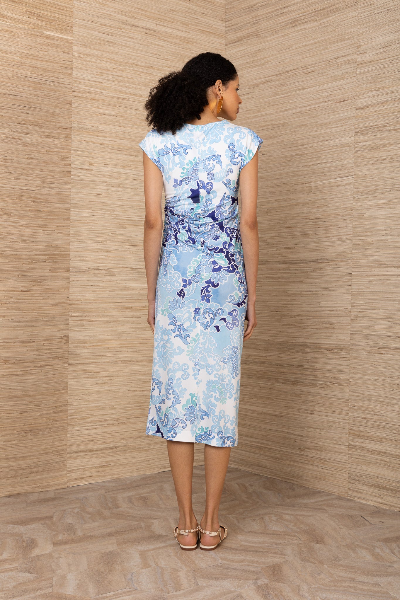 Hale Bob Blue Print Shirred Fully Lined Cap Sleeve Midi Dress 5ZLG662A