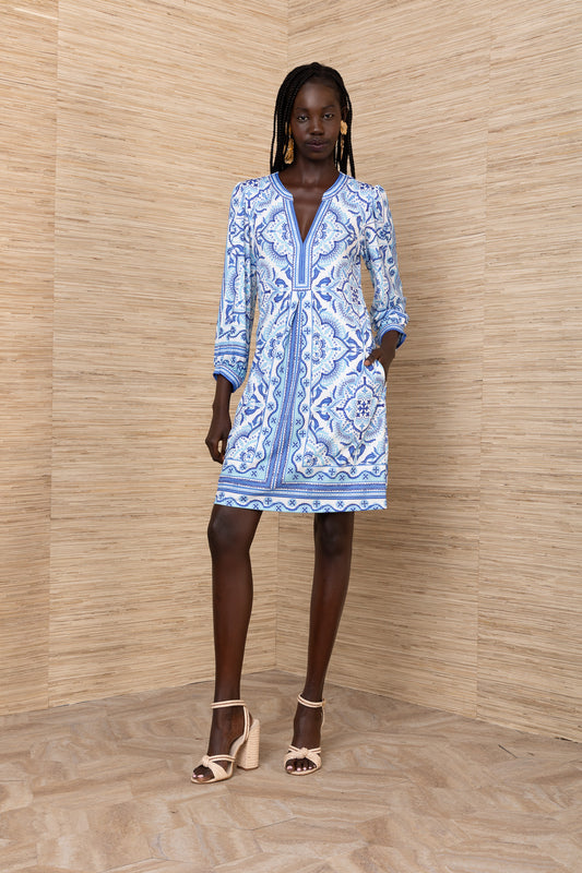 Hale Bob Blue Print Midi Dress with Open V-Neck, Long Sleeves & Pockets 5ZTM674A