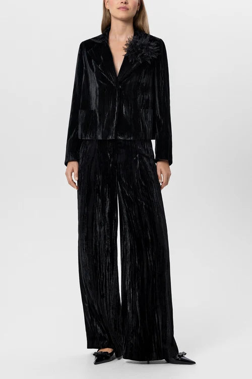 Luisa Cerano Black Crushed Velvet Wide-Leg Trousers