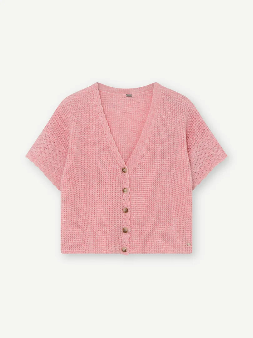Gustav Pink Open-Knit V-Neck Short Sleeve Cardigan