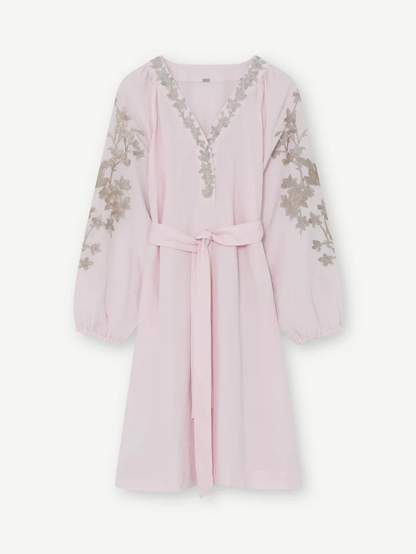 Gustav Pink Floral Embroidered Midi V-Neck Belted Dress 60508