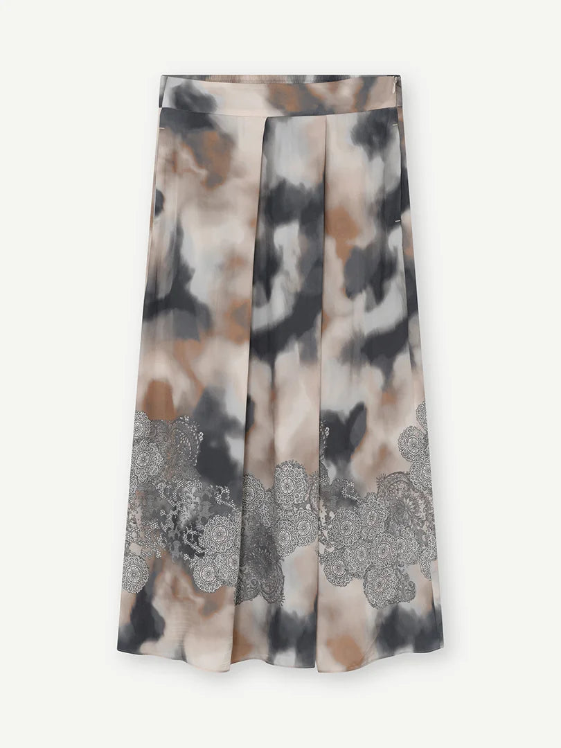 Gustav Beige Patterned Midi Skirt with Front Pleats