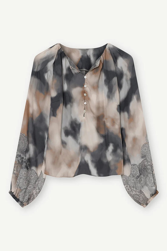 Gustav Beige Patterned Blouse with Round Neck, Full Long