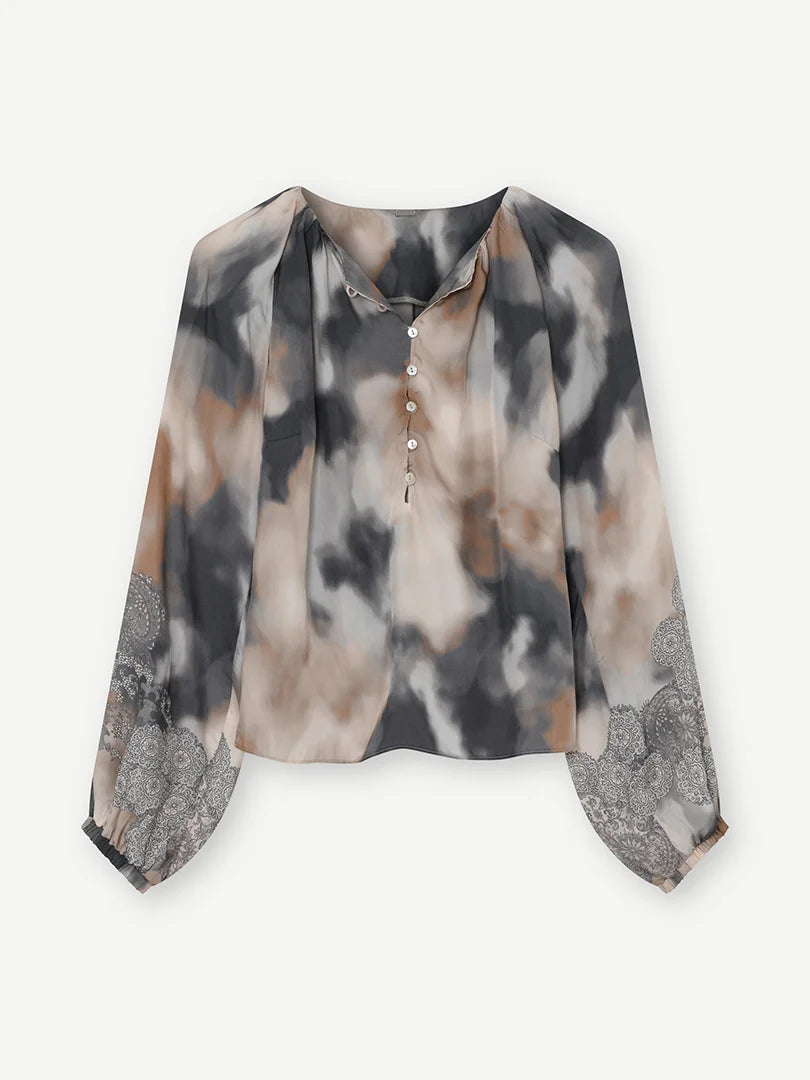 Gustav Beige Patterned Blouse with Round Neck, Full Long