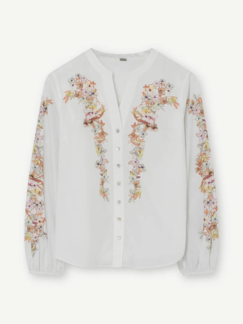 Gustav White Floral Cotton Blouse with Open V-Neck, Long Sleeves 60607