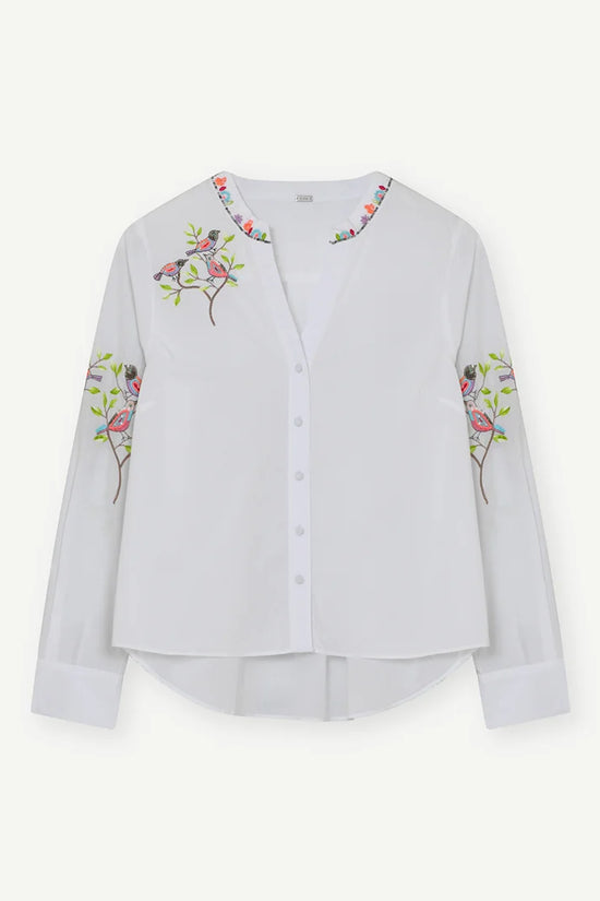 Gustav White Cotton Embroidered Blouse with Mandarin Collar, Long Sleeves