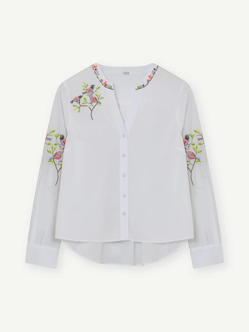Gustav White Cotton Embroidered Blouse with Mandarin Collar, Long Sleeves