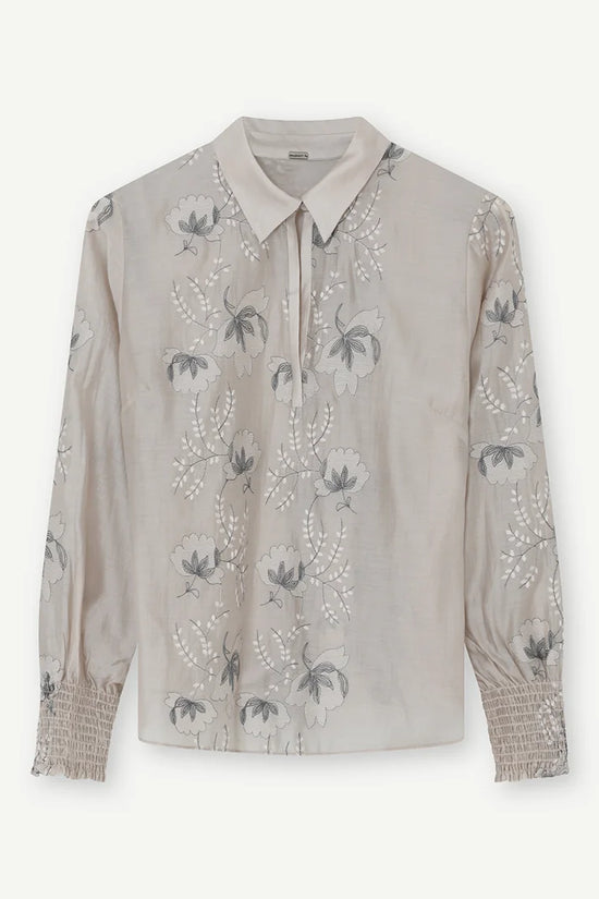 Gustav Light Grey Floral Embroidered Blouse with Open V-Neck 60637