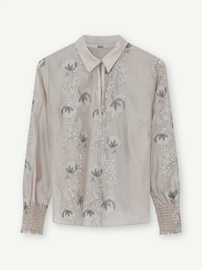 Gustav Light Grey Floral Embroidered Blouse with Open V-Neck 60637