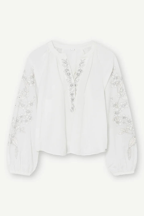 Gustav White V-Neck Long Sleeve Blouse with Floral Embroidery 