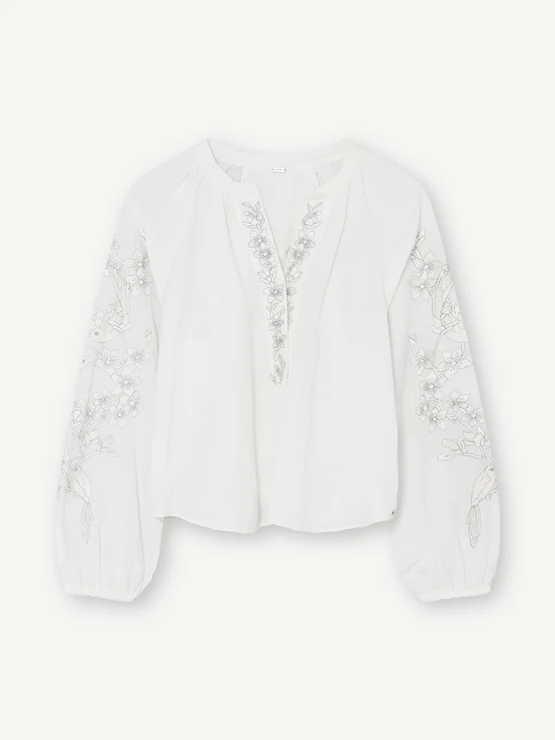 Gustav White V-Neck Long Sleeve Blouse with Floral Embroidery 