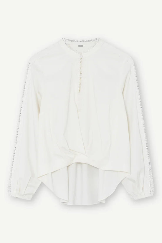 Gustav Off-White Lace Trim Blouse with Button Fastening at Neck, Longer Back