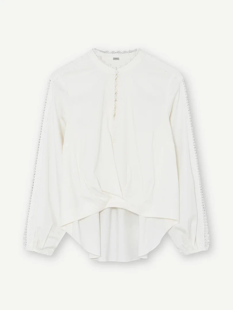 Gustav Off-White Lace Trim Blouse with Button Fastening at Neck, Longer Back