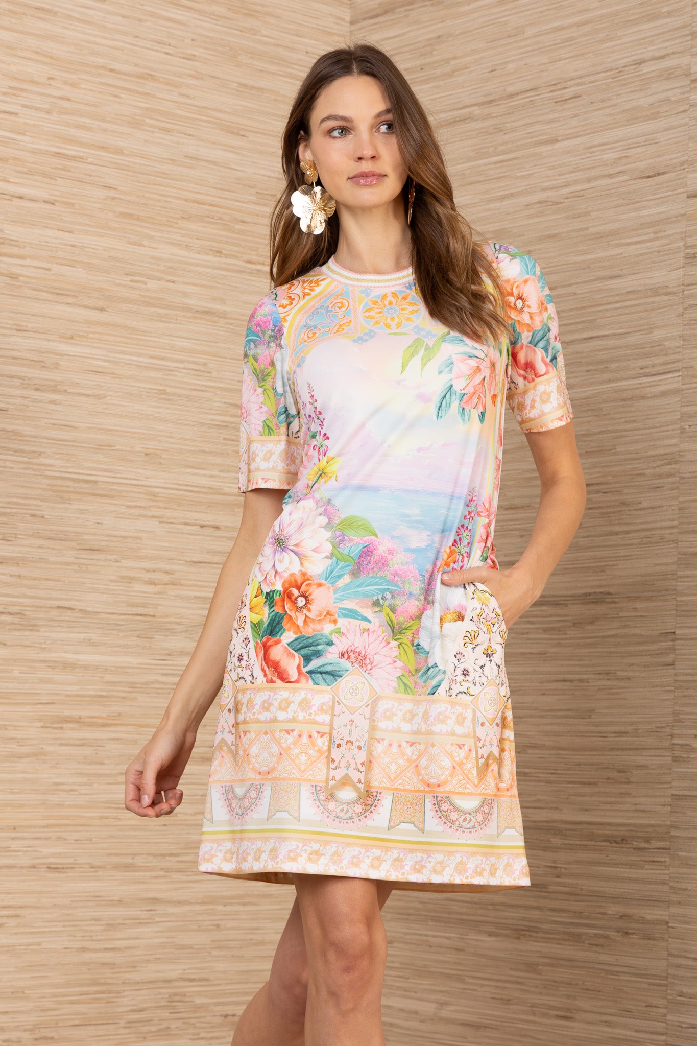 Hale Bob Gold Floral Scenic Print Mini Dress with Round Neck 61DA610A