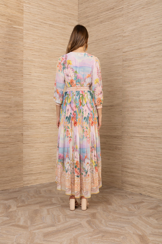 Hale Bob Gold Floral V-Neck Maxi Dress with Shirred Waist, Pleated Skirt Long Sleeve 61DA612A
