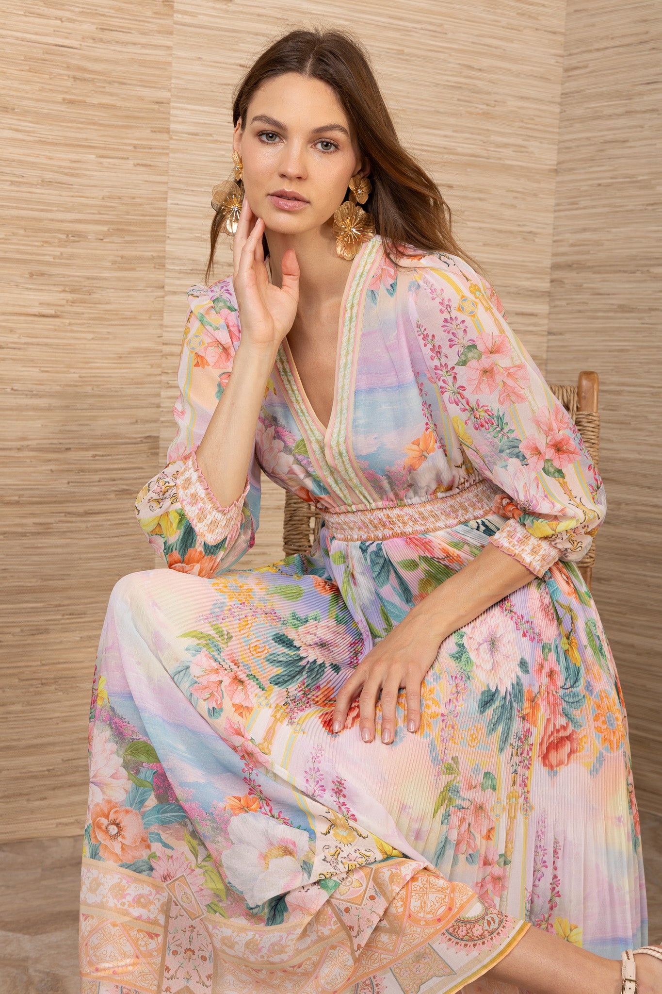Hale Bob Gold Floral V-Neck Maxi Dress with Shirred Waist, Pleated Skirt Long Sleeve 61DA612A