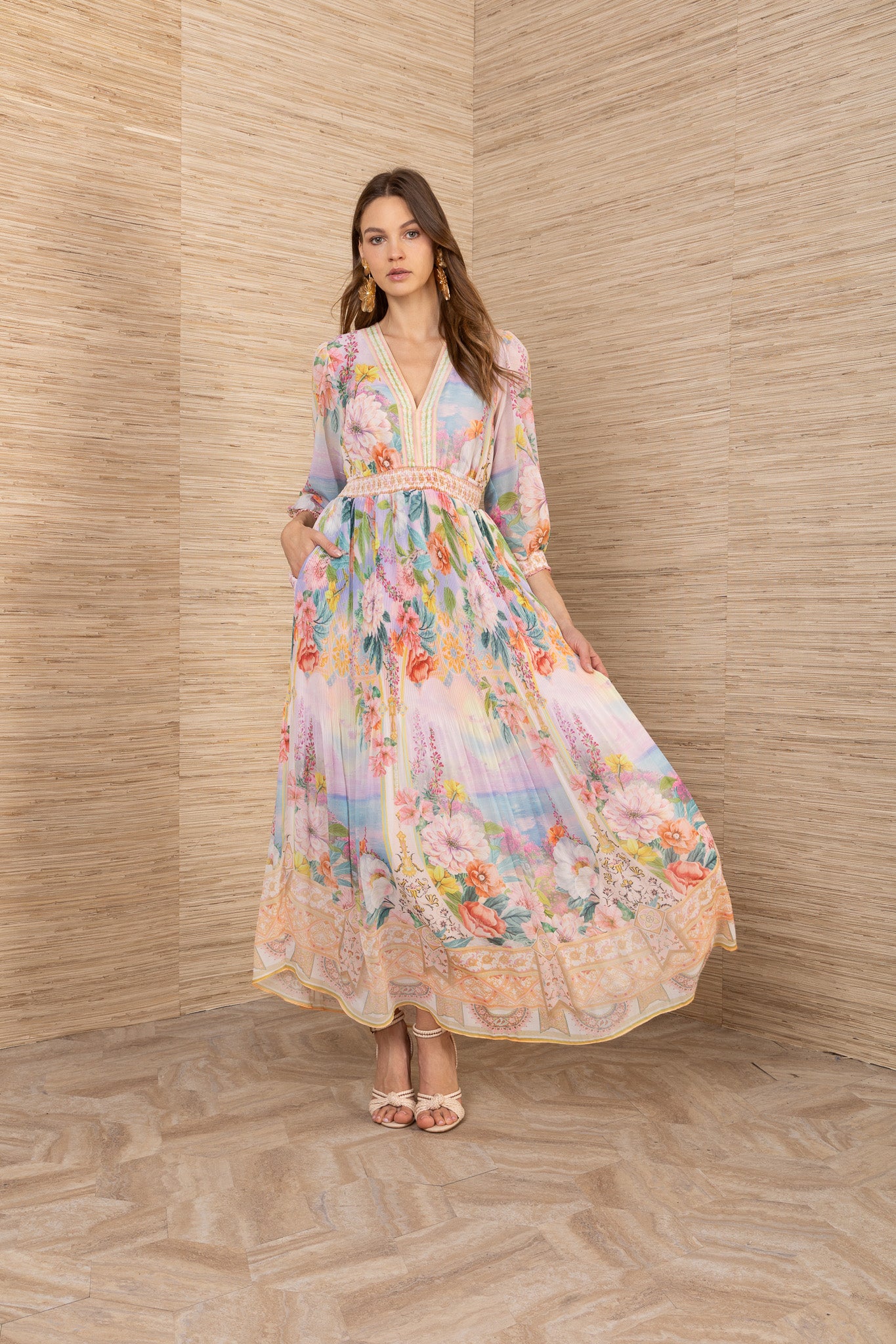 Hale Bob Gold Floral V-Neck Maxi Dress with Shirred Waist, Pleated Skirt Long Sleeve 61DA612A