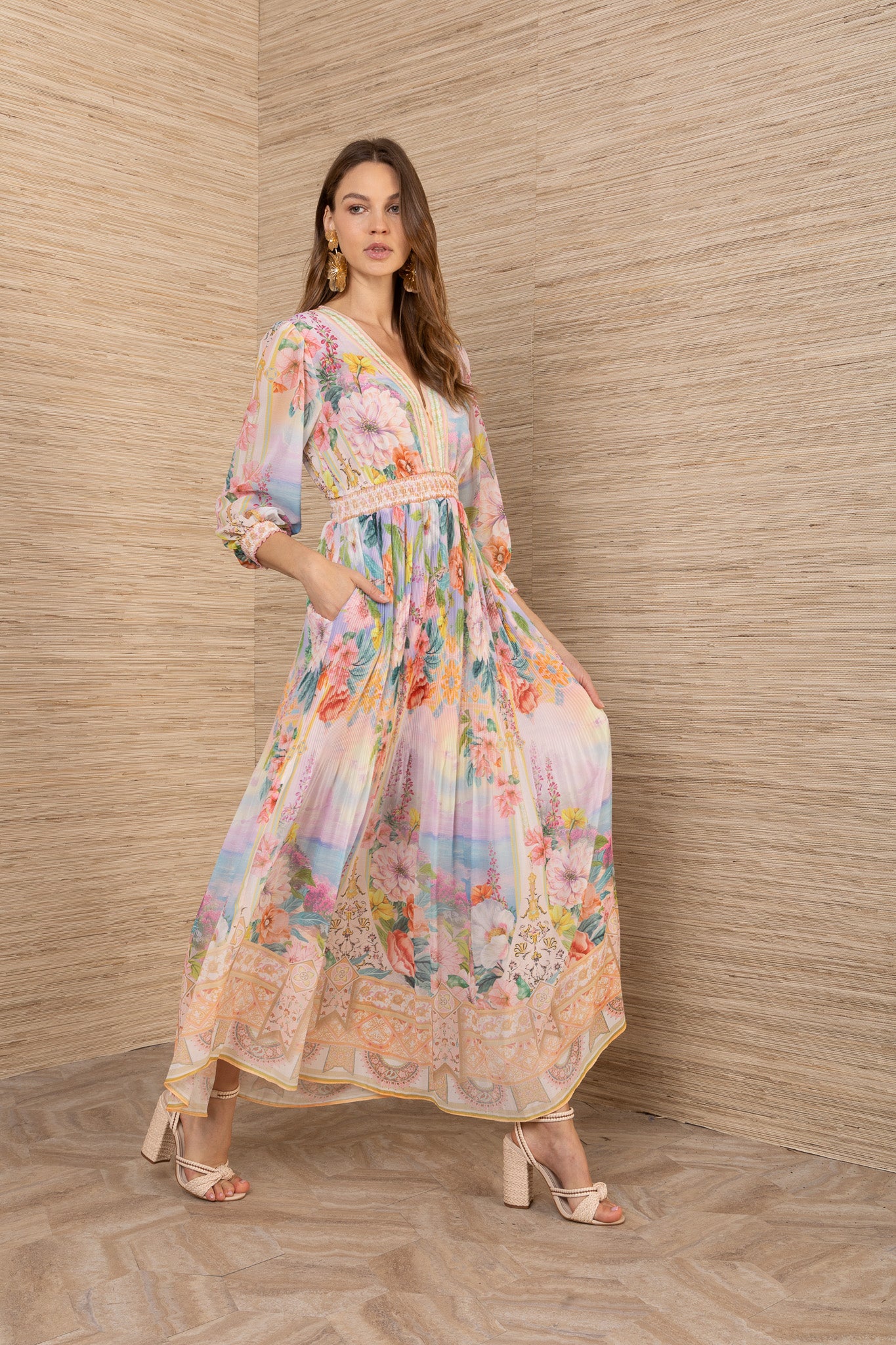 Hale Bob Gold Floral V-Neck Maxi Dress with Shirred Waist, Pleated Skirt Long Sleeve 61DA612A