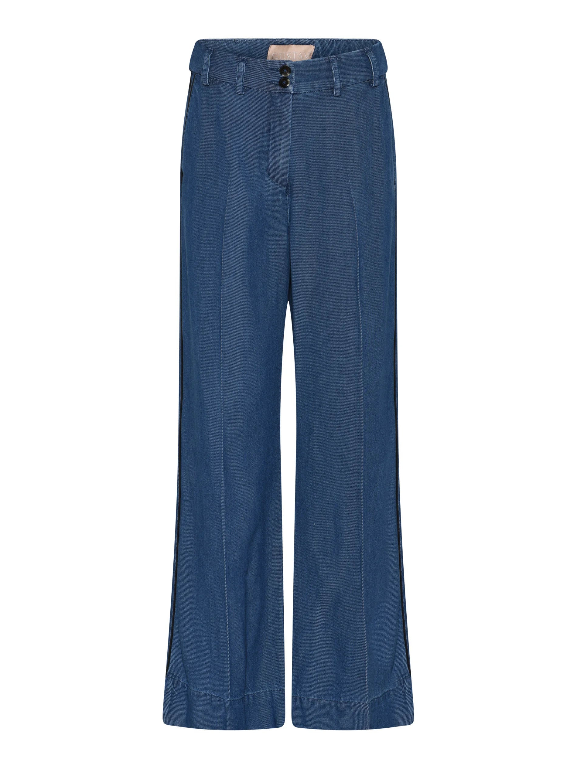 Gustav Blue Denim Wide Leg Jeans – Double Button, Black Piping Detail