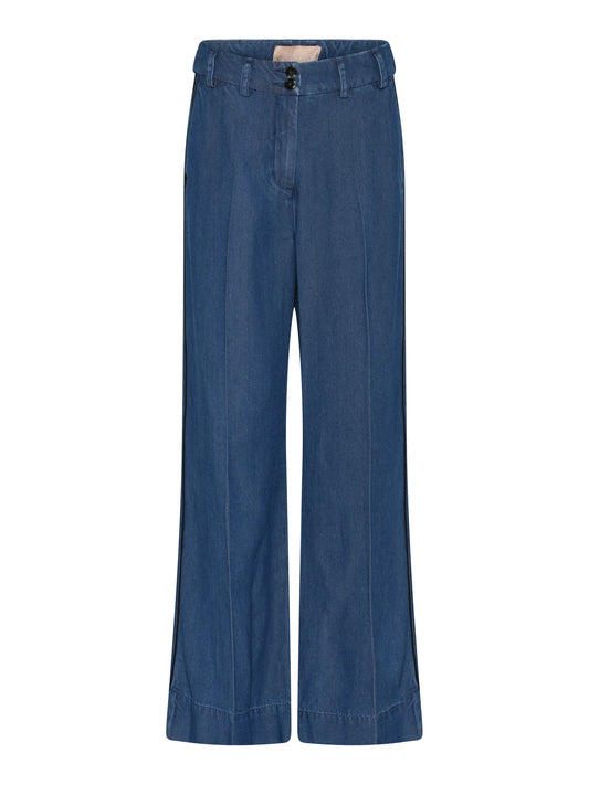 Gustav Blue Denim Wide Leg Jeans – Double Button, Black Piping Detail