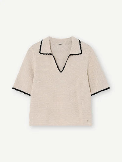 Gustav Cream Knit Polo Top with Black Trim Short Sleeve Collared V-Neck