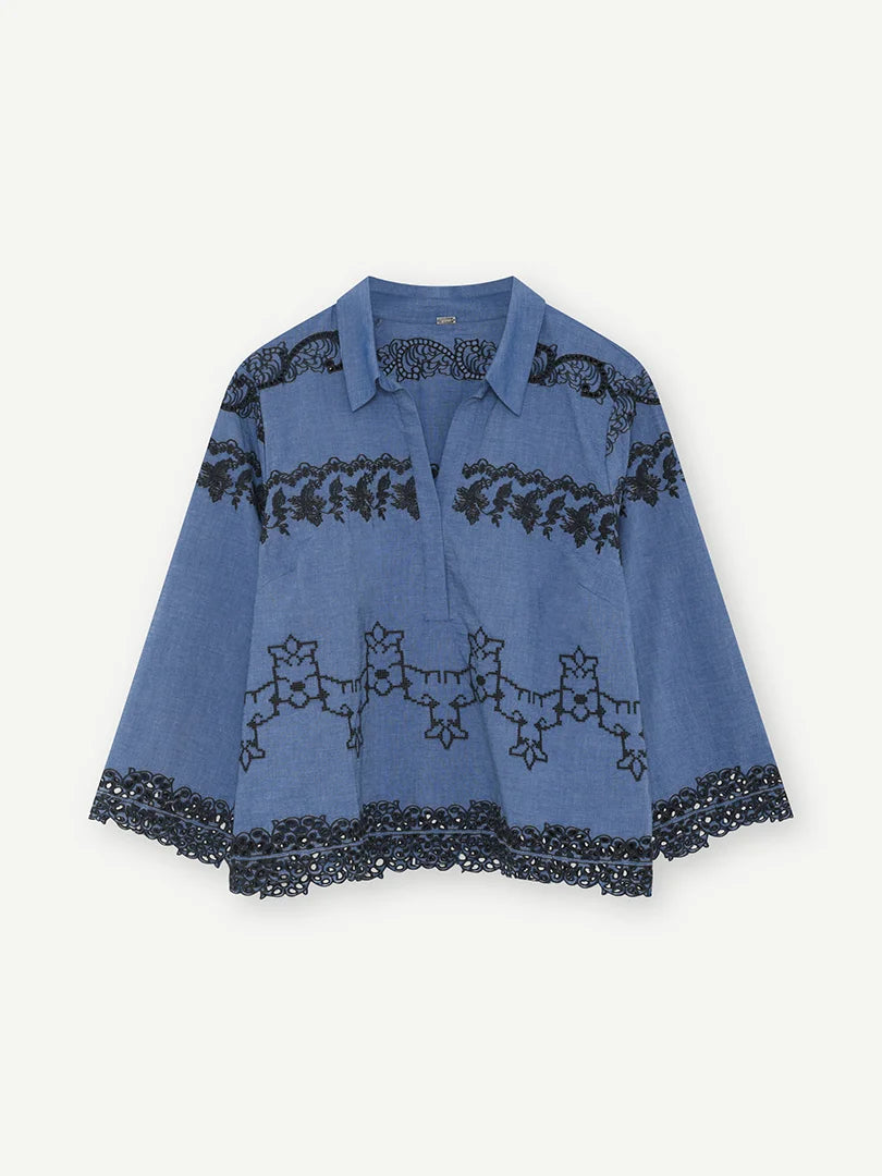 Gustav Blue Embroidered Top – Relaxed Fit, Open Collar & 3/4 Sleeves