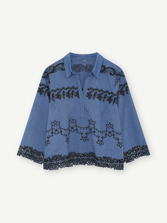Gustav Blue Embroidered Top – Relaxed Fit, Open Collar & 3/4 Sleeves