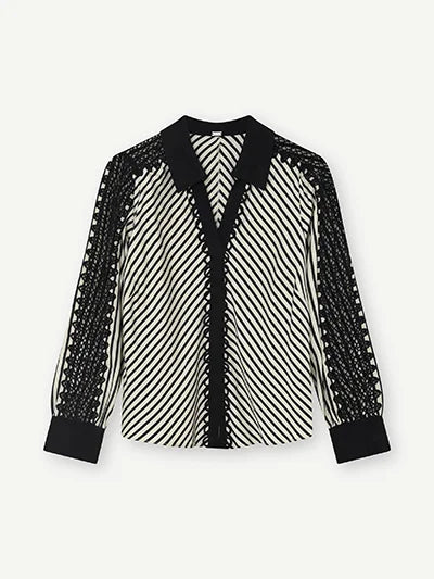 Gustav Black & Cream Stripe Top with Embroidered Sleeves 62611