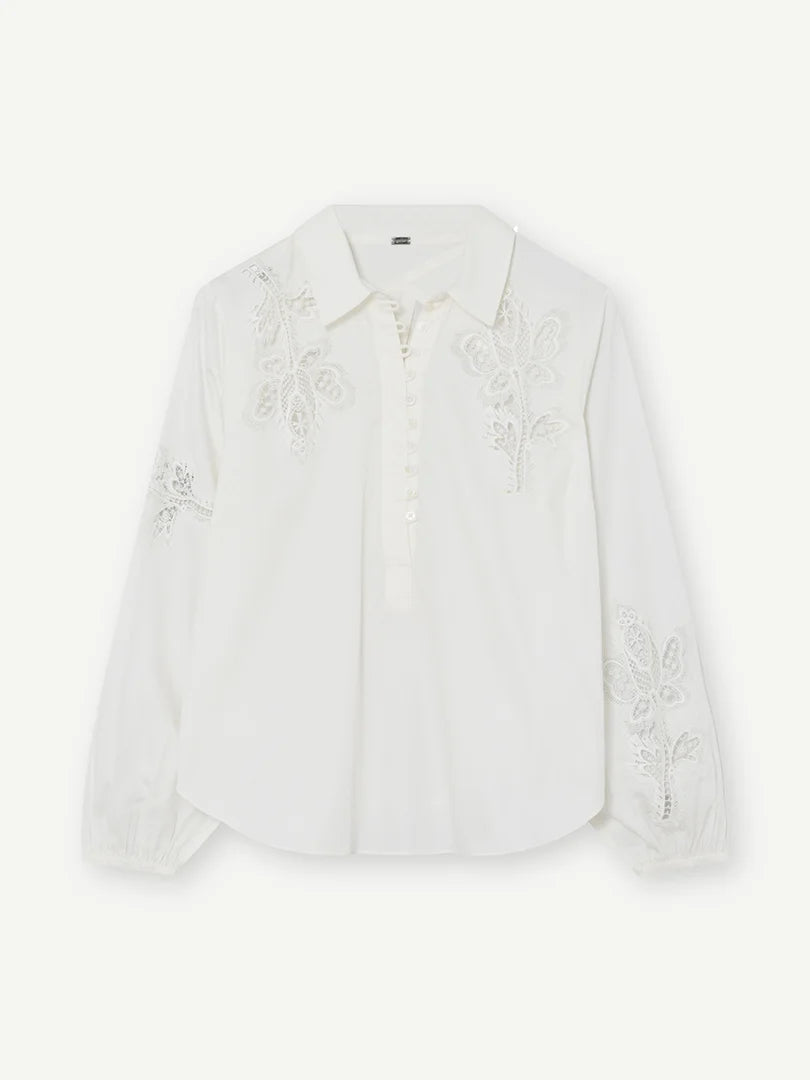 Gustav White Embroidered Blouse – Button Front, Shirt Collar, Long Sleeves