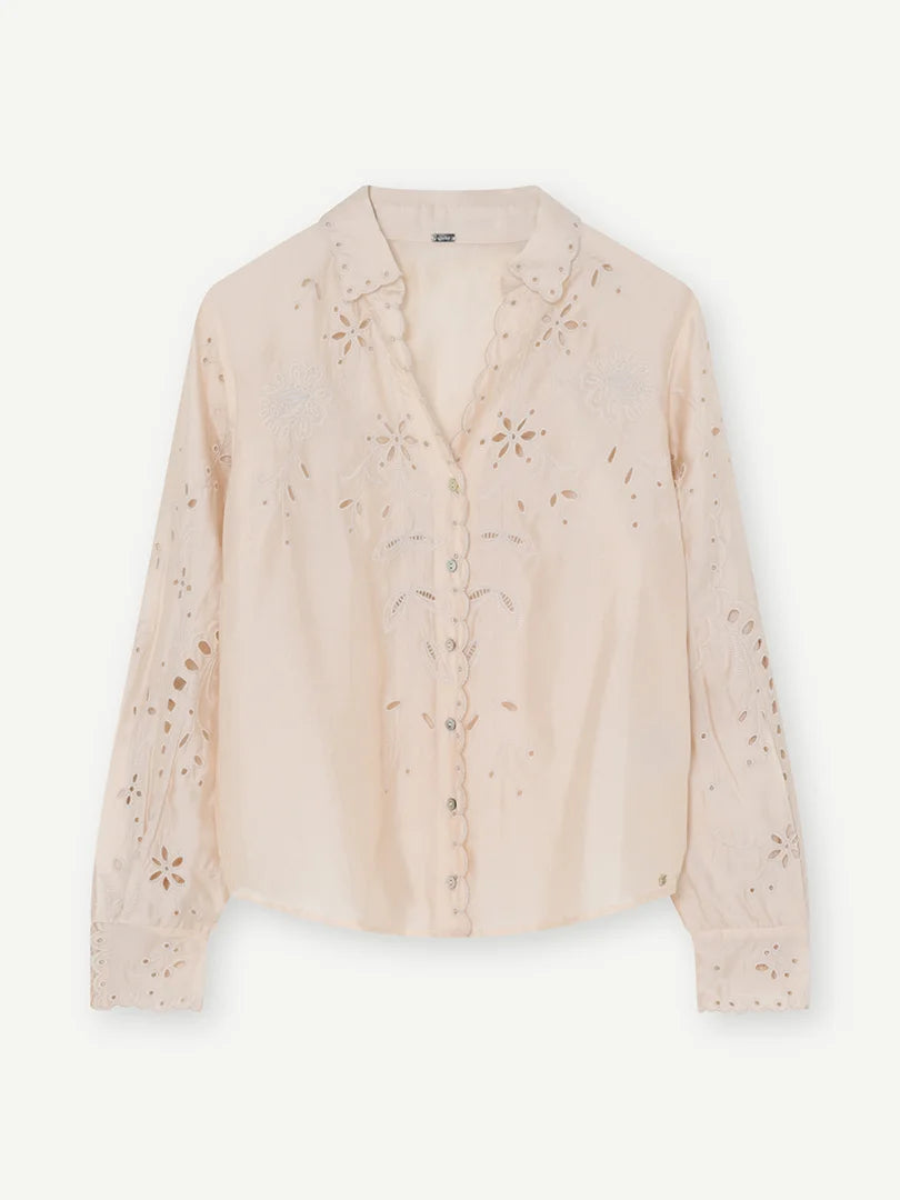 Gustav Off White Embroidered Shirt Button-Front with Open V-Neck 62614