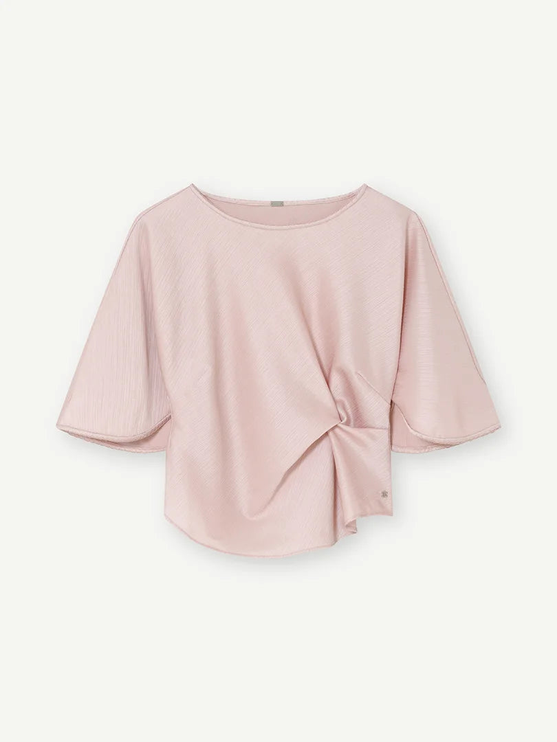 Gustav Rose Pink Side Gather Top – Wide Round Neck, Short Sleeves