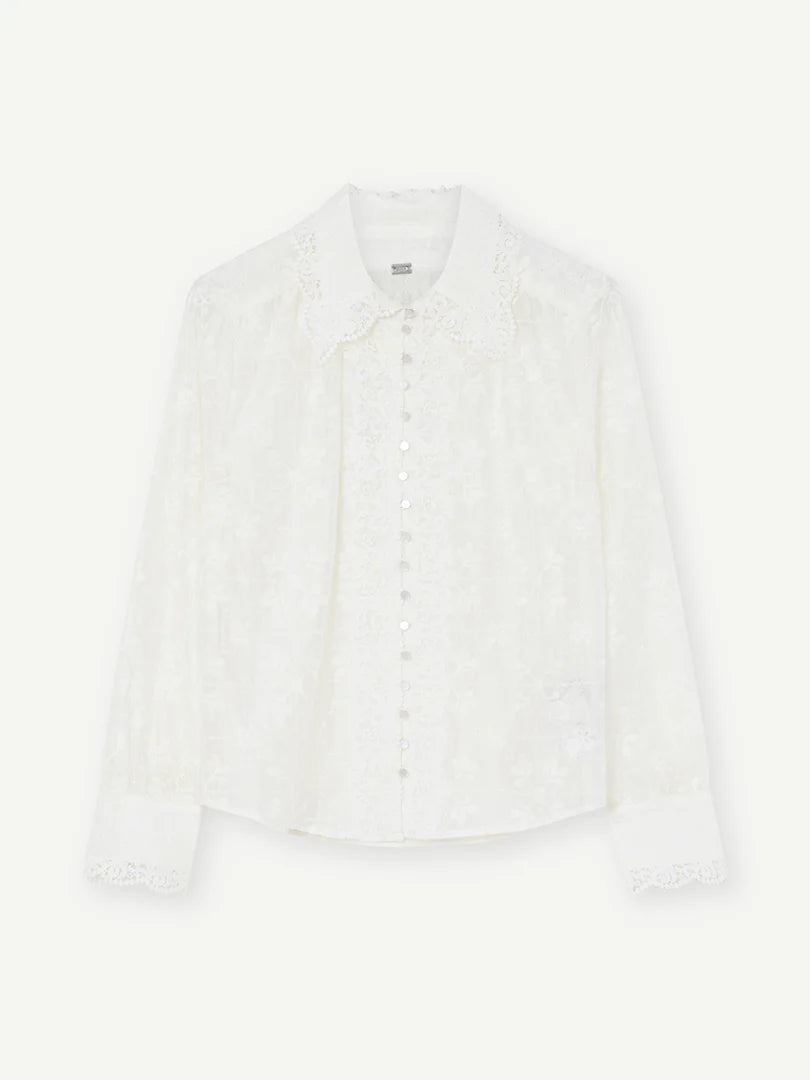 Gustav Off White Embroidered Blouse – Lace Collar, Long Sleeves