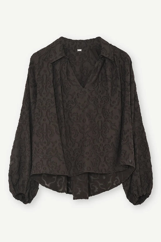 Gustav Dark Brown Embroidered Blouse – V-Neck Collar Long Sleeve