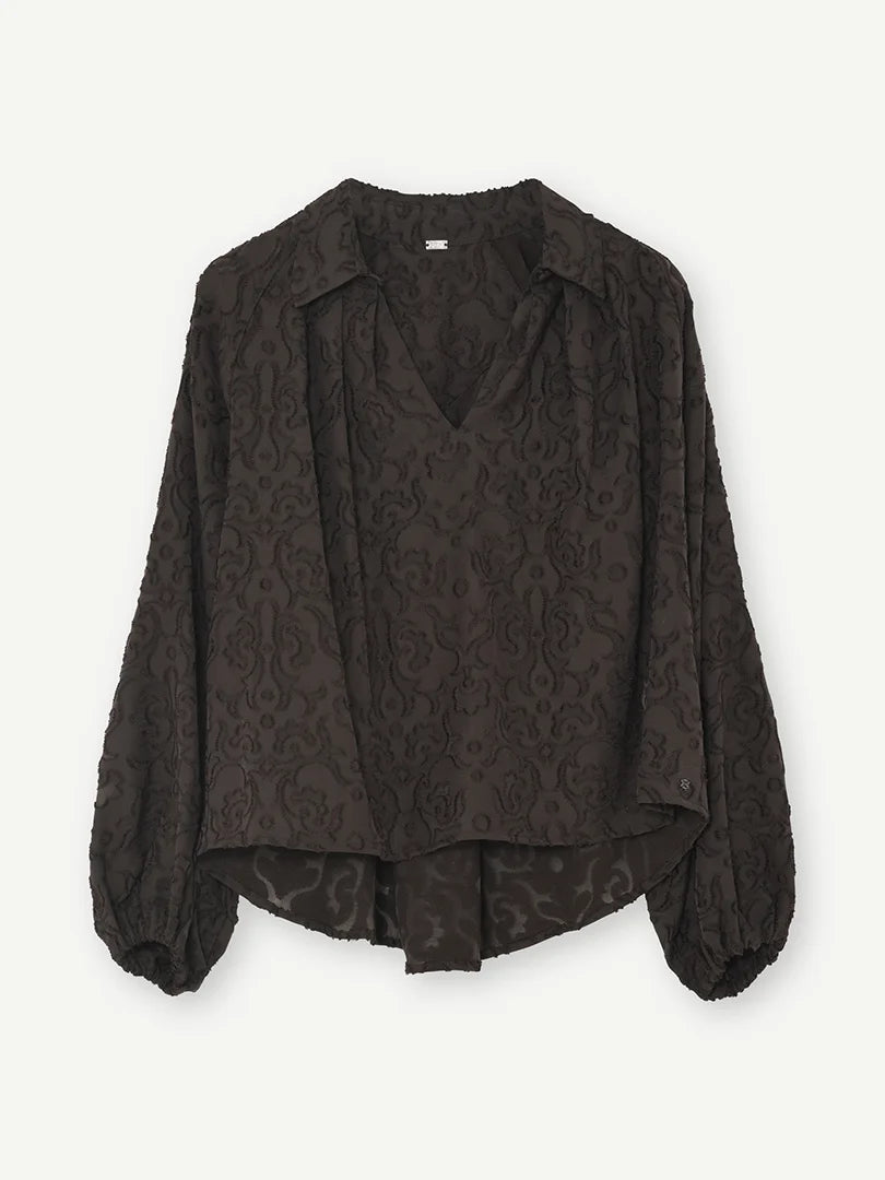 Gustav Dark Brown Embroidered Blouse – V-Neck Collar Long Sleeve