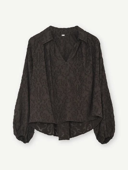 Gustav Dark Brown Embroidered Blouse – V-Neck Collar Long Sleeve