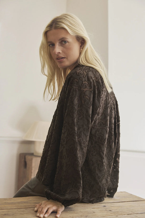 Gustav Dark Brown Embroidered Blouse – V-Neck Collar Long Sleeve