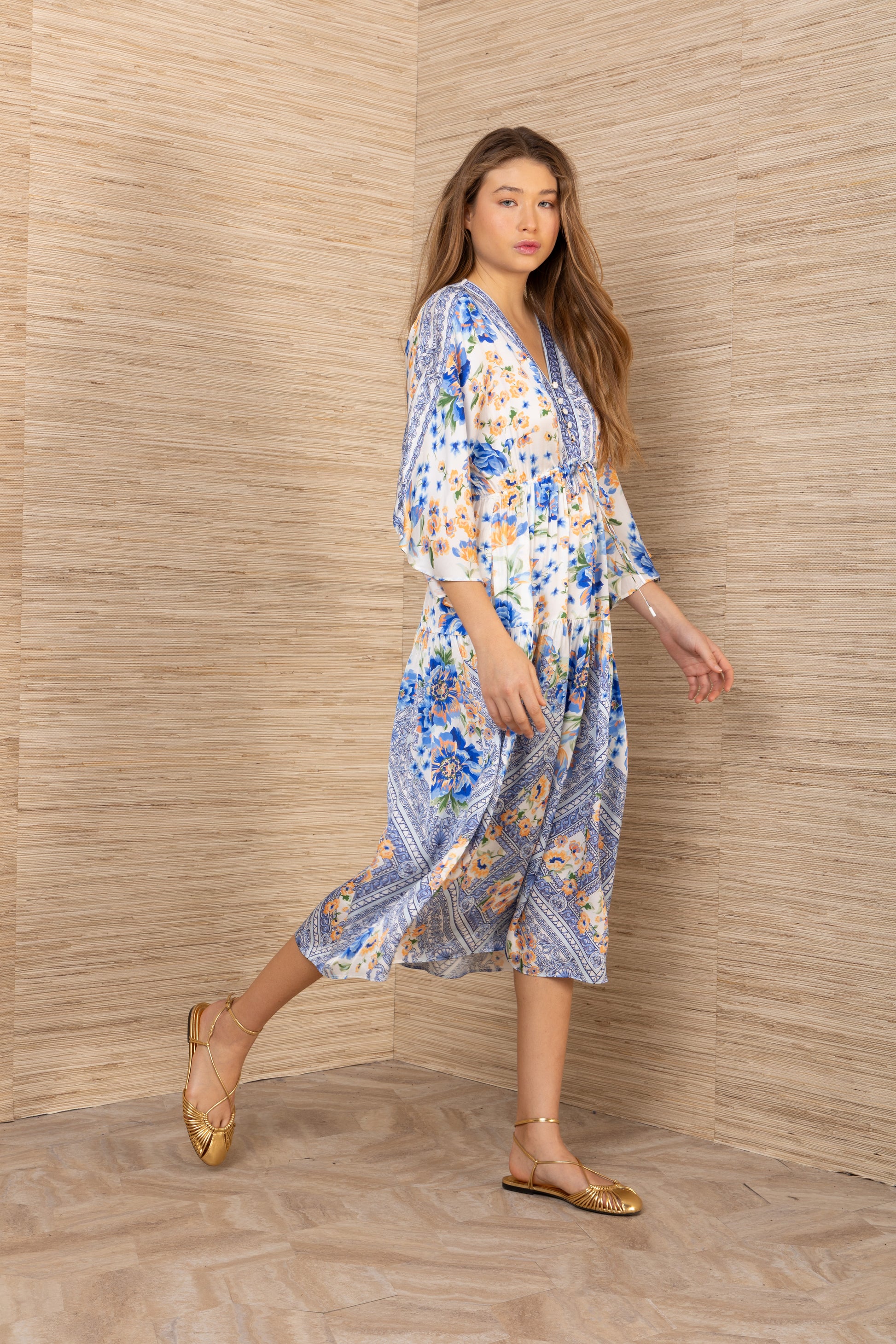 Hale Bob Blue Print Midi Dress – Tie Waist, V-Neck, 3/4 Wide Sleeves 62BC610A