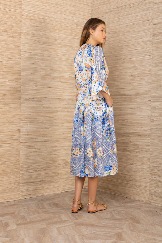 Hale Bob Blue Print Midi Dress – Tie Waist, V-Neck, 3/4 Wide Sleeves 62BC610A