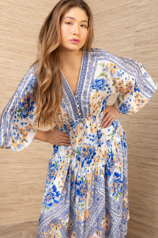 Hale Bob Blue Print Midi Dress – Tie Waist, V-Neck, 3/4 Wide Sleeves 62BC610A