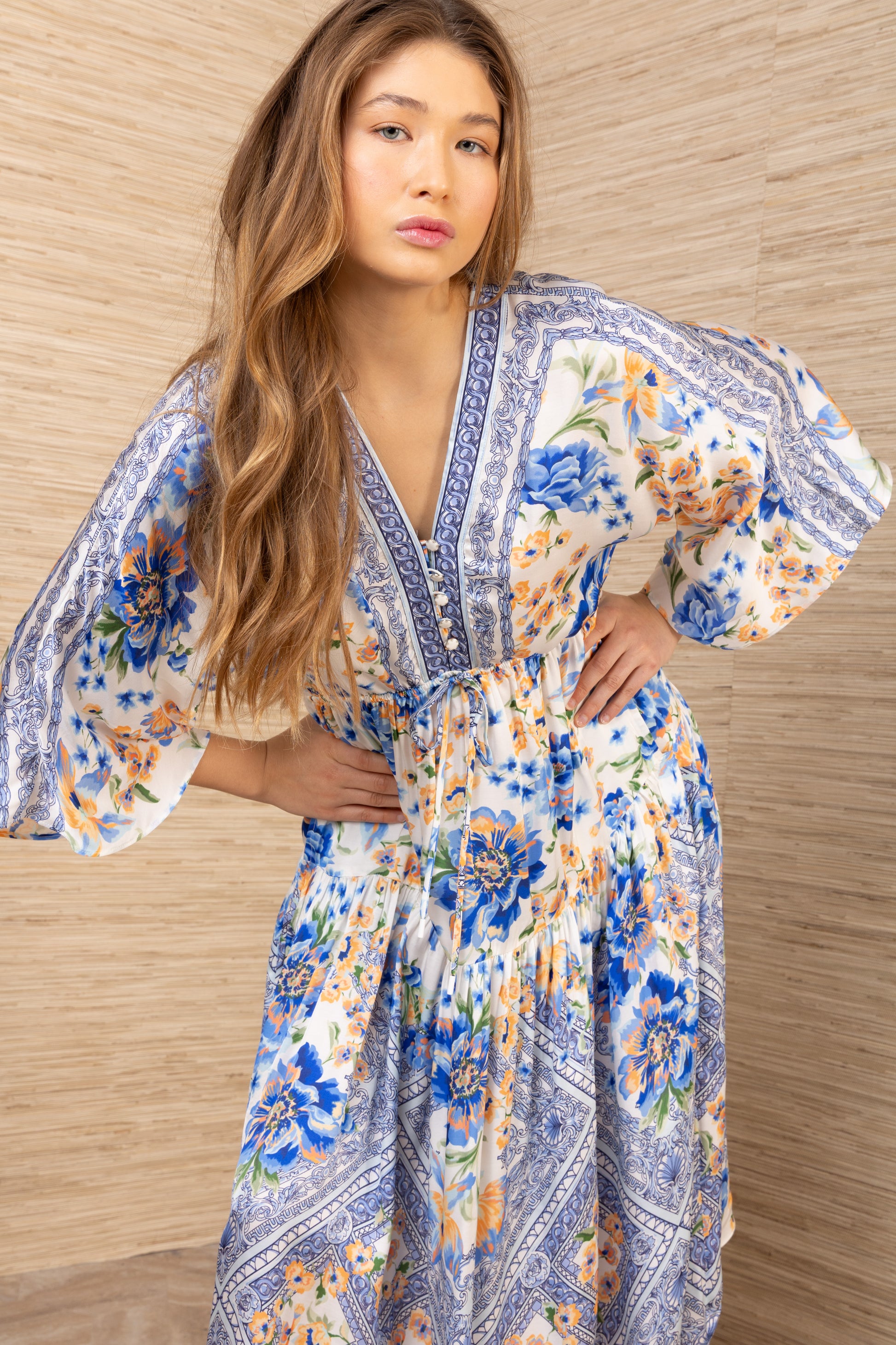 Hale Bob Blue Print Midi Dress – Tie Waist, V-Neck, 3/4 Wide Sleeves 62BC610A