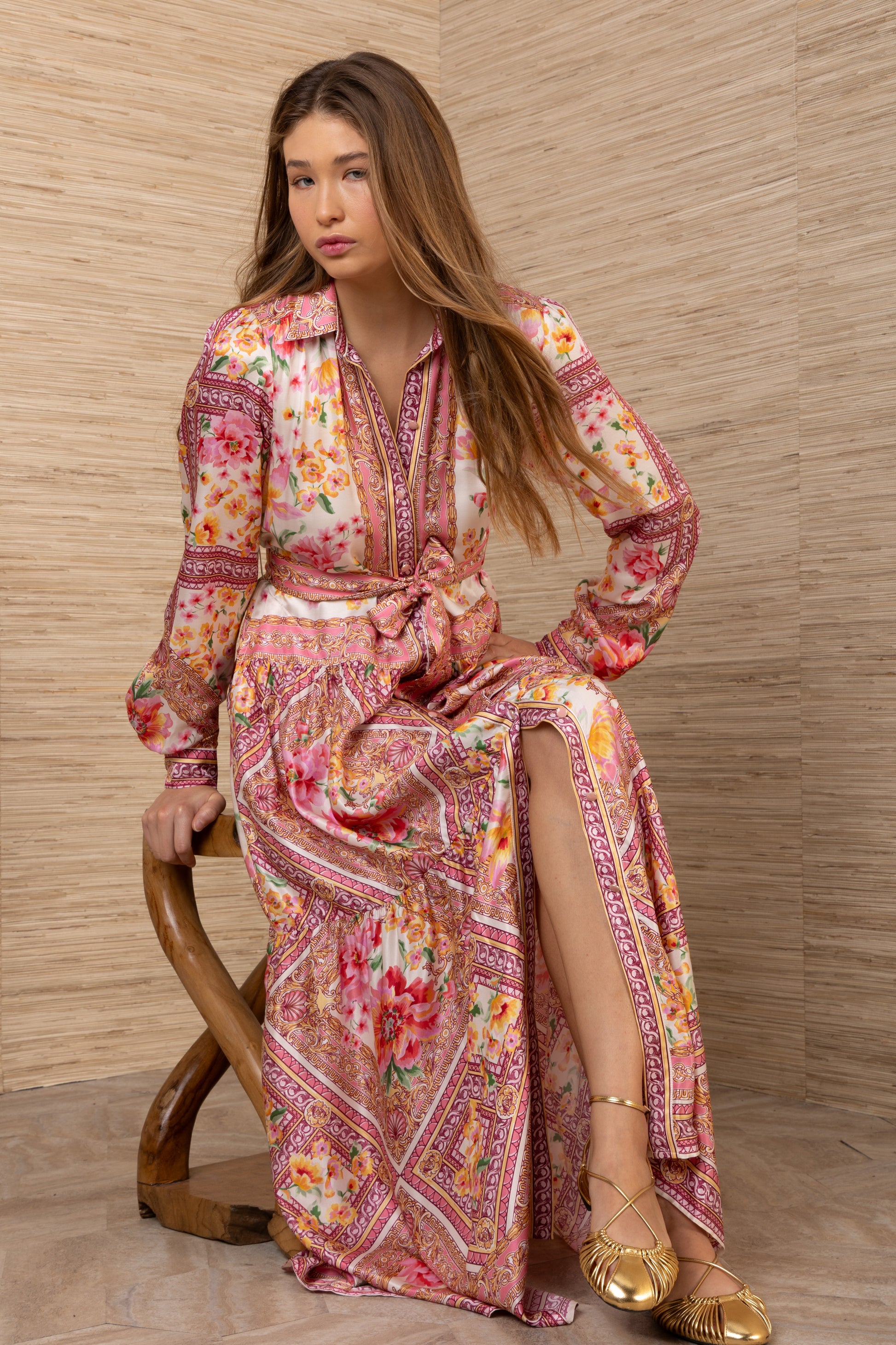 Hale Bob Coral Print Maxi Shirt Dress – Belted Waist, Long Sleeves 62BC614A