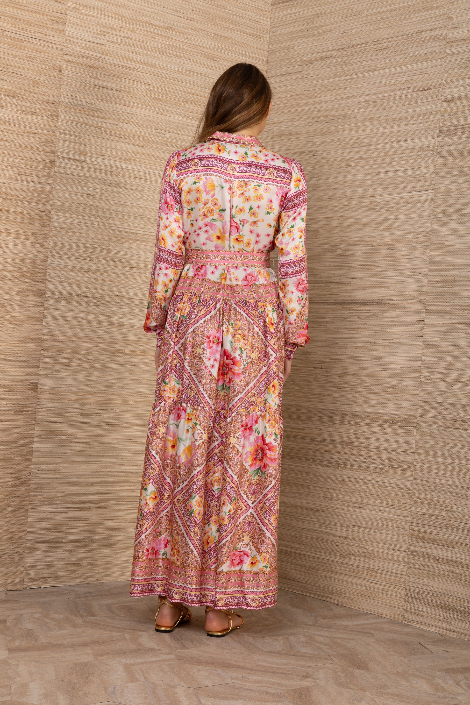 Hale Bob Coral Print Maxi Shirt Dress – Belted Waist, Long Sleeves 62BC614A