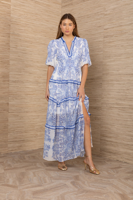 Hale Bob Blue Print Tiered Maxi Dress