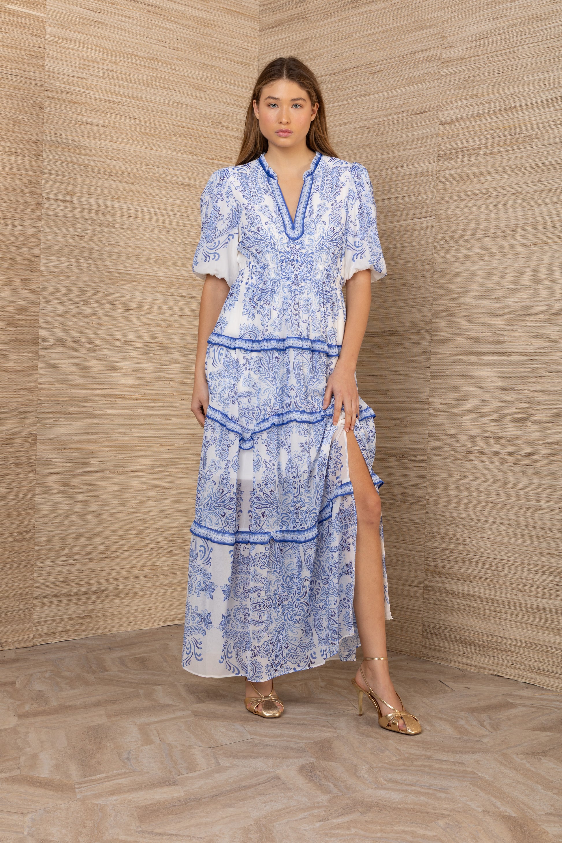 Hale Bob Blue Print Tiered Maxi Dress