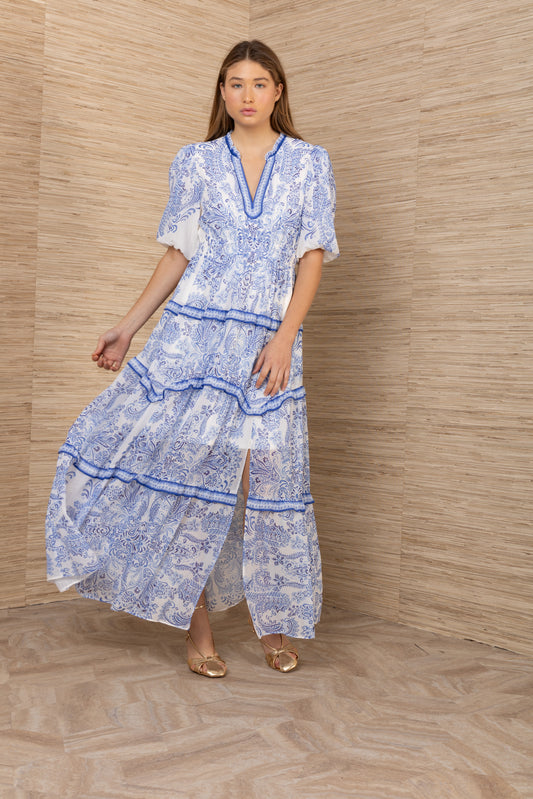 Hale Bob Blue Print Tiered Maxi Dress with V-Neck, Shirred Waist, Lined with Pockets 62PR664A