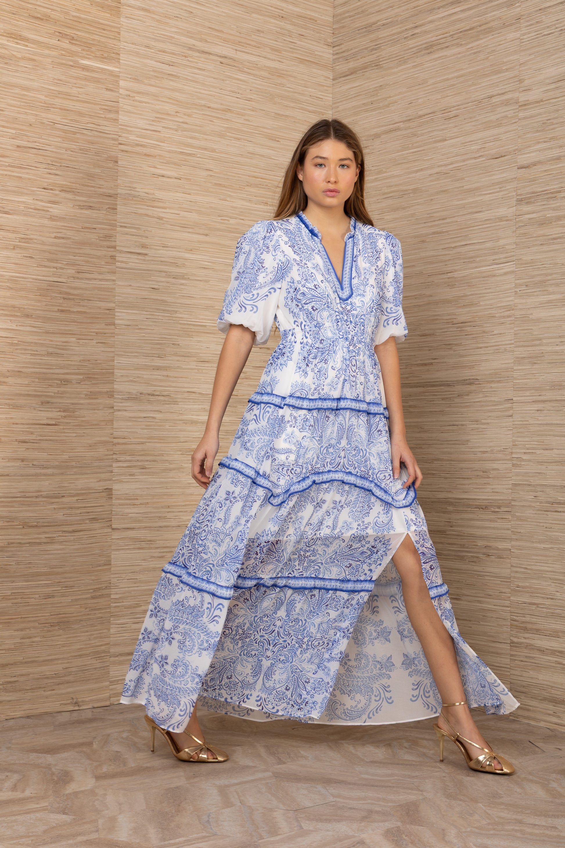 Hale Bob Blue Print Tiered Maxi Dress