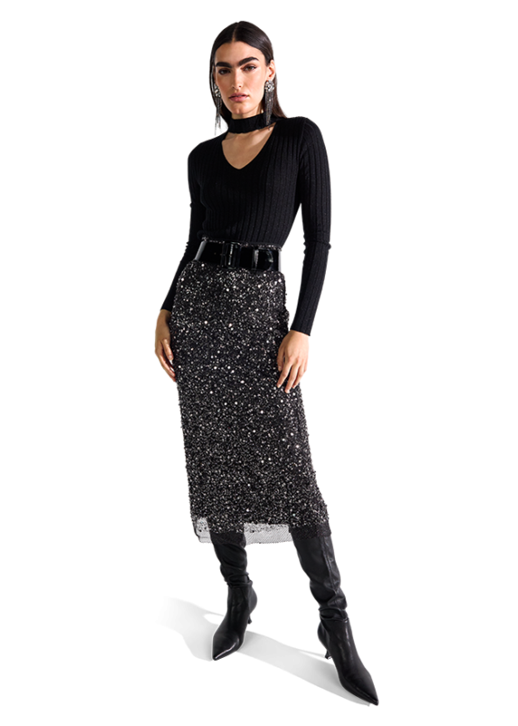 Riani Black Maxi Straight Skirt with Pearl Embroidery and Sequins 634480