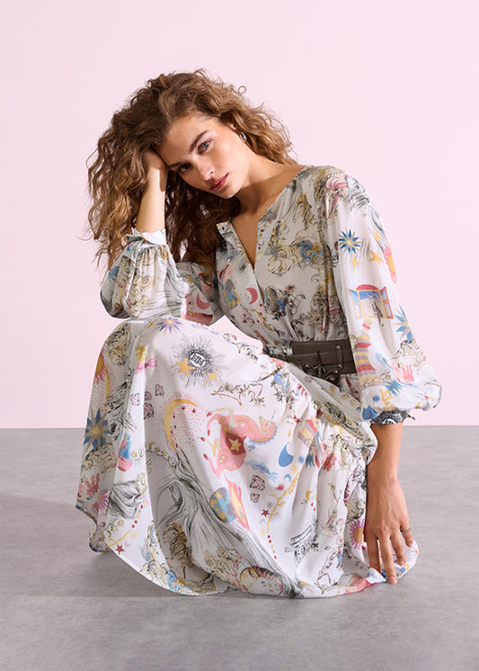 Riani Off-White Long Sleeve Maxi Dress with Dreamscape Print 636300